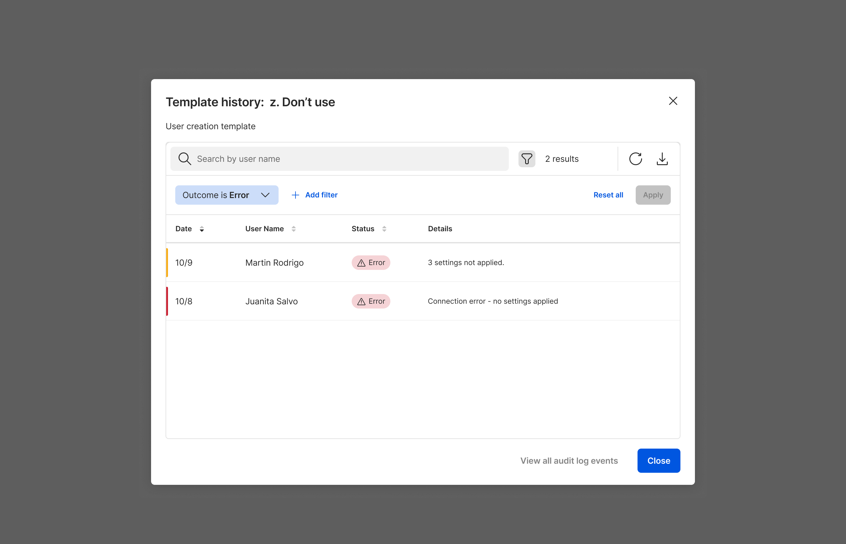 Before: template history showing failed errors with little guidance on how to fix them